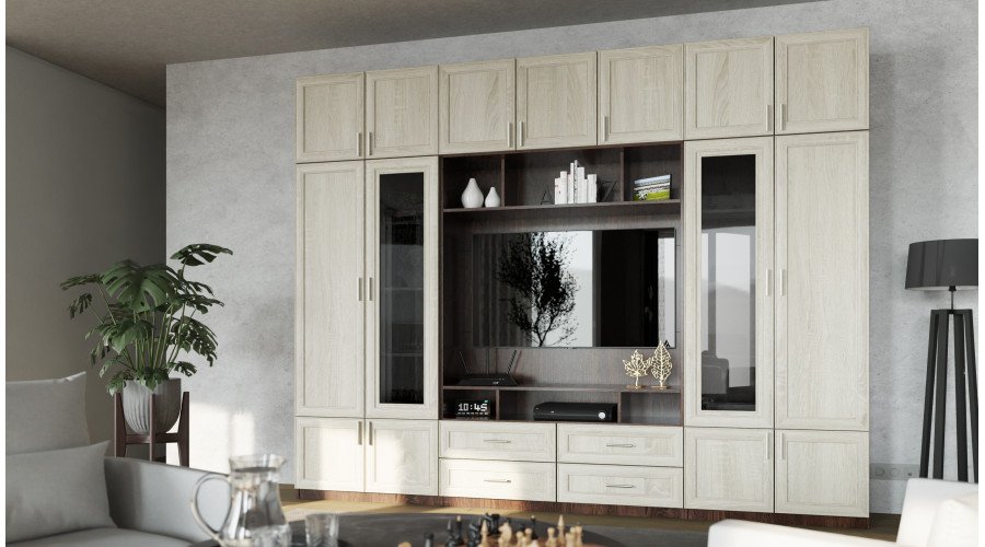 TV cabinet with glass display cabinets 303 × 240 cm Sonoma Ciemna / Sonoma Jasna – VERO - Image 2
