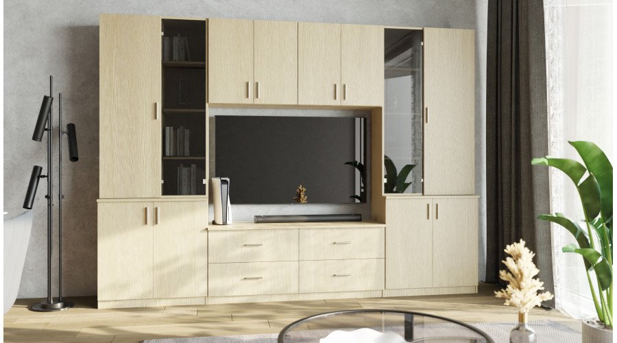 Living room cabinet with TV shelf, cabinets and drawers, 300 × 220 cm, elegant oak – STILO - Image 2