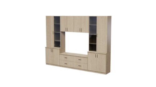 Living room cabinet with TV shelf, cabinets and drawers, 300 × 220 cm, elegant oak – STILO