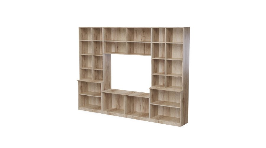 Wall cabinet with TV shelf, cabinets and drawers 300 × 220 cm, natural oak – STILO - Image 3