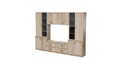 Wall cabinet with TV shelf, cabinets and drawers 300 × 220 cm, natural oak – STILO
