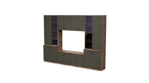 Living room cabinet with TV shelf, cabinets and drawers, 300 × 220 cm, Lefkas oak / graphite gray – STILO