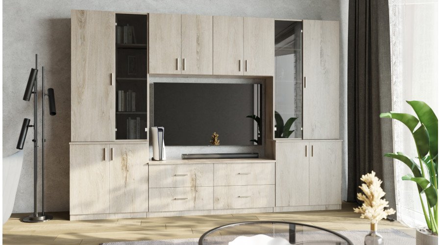 Living room cabinet with TV shelf, cabinets and drawers, 300 × 220 cm, Lumberjack Frost Oak – STILO - Image 2