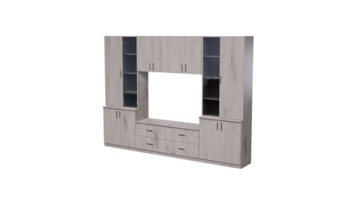 Living room cabinet with TV shelf, cabinets and drawers, 300 × 220 cm, Lumberjack Frost Oak – STILO