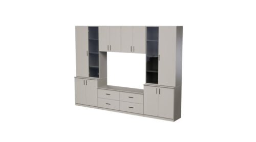 Living room cabinet with TV shelf, cabinets and drawers, 300 × 220 cm, cashmere beige – STILO