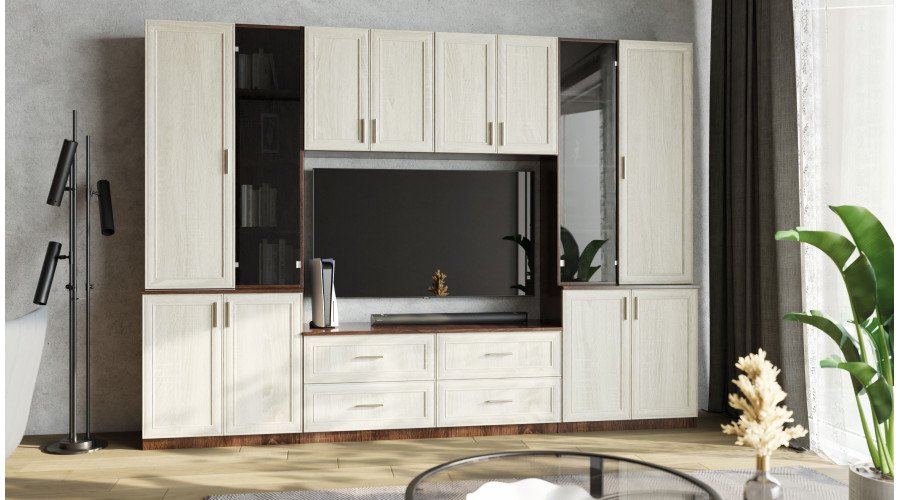 Wall cabinet with TV shelf, cabinets and drawers 300 × 220 cm Sonoma Dark / Sonoma Light – STILO - Image 2