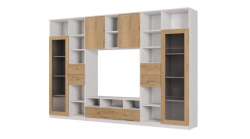 AGATA TV wall cabinet with bookshelf and glass display case, 300 × 200 cm, Biel / Dąb Halifax Naturalny