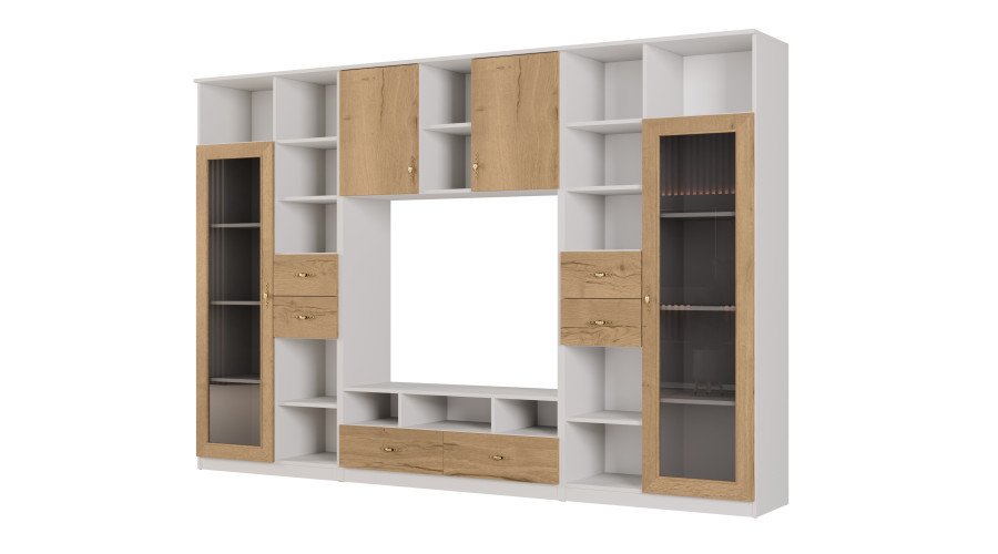 AGATA TV wall cabinet with bookshelf and glass display case, 300 × 200 cm, Biel / Dąb Halifax Naturalny