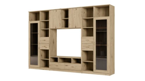 AGATA TV wall cabinet with bookshelf and glass display case, 300 × 200 cm, natural oak, Grand Natural stain