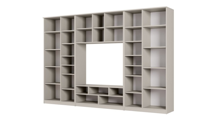 AGATA TV wall cabinet with bookshelf and glass display case, 300 × 200 cm, Cashmere Beige - Image 3