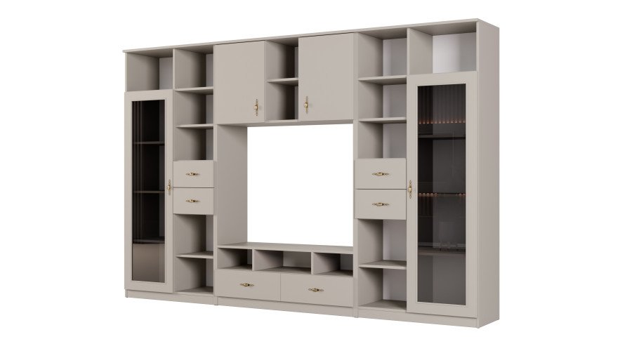 AGATA TV wall cabinet with bookshelf and glass display case, 300 × 200 cm, Cashmere Beige