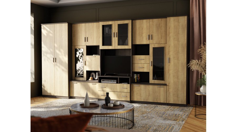 Very spacious TV wall cabinet with wardrobe 405 × 210 cm, Sonoma Dark / Halifax Stain – LENA - Image 2