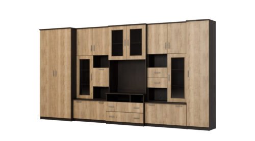 Very spacious TV wall cabinet with wardrobe 405 × 210 cm, Sonoma Dark / Halifax Stain – LENA