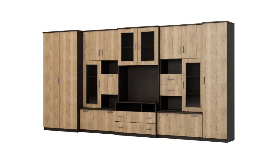 Very spacious TV wall cabinet with wardrobe 405 × 210 cm, Sonoma Dark / Halifax Stain – LENA