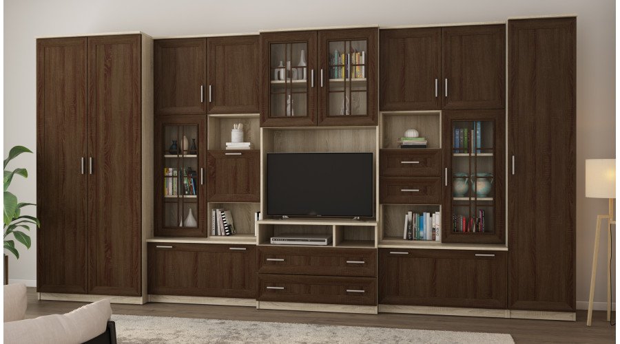 Very spacious TV wall cabinet with wardrobe 405 × 210 cm, Sonoma Jasna / Sonoma Ciemna – LENA - Image 2
