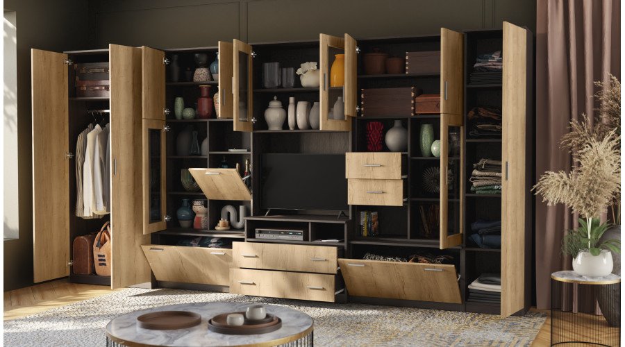 Very spacious TV wall cabinet with wardrobe 405 × 210 cm, Sonoma Jasna / Sonoma Ciemna – LENA - Image 6