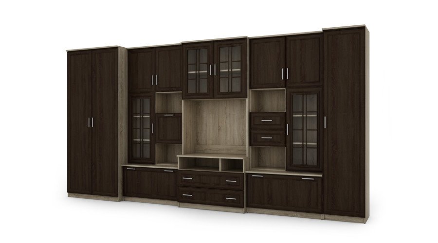 Very spacious TV wall cabinet with wardrobe 405 × 210 cm, Sonoma Jasna / Sonoma Ciemna – LENA