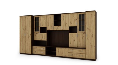 Wall cabinet with bar and wardrobe, TV 400 × 210 cm, Sonoma Ciemna / Dąb Artisan – CYKLON