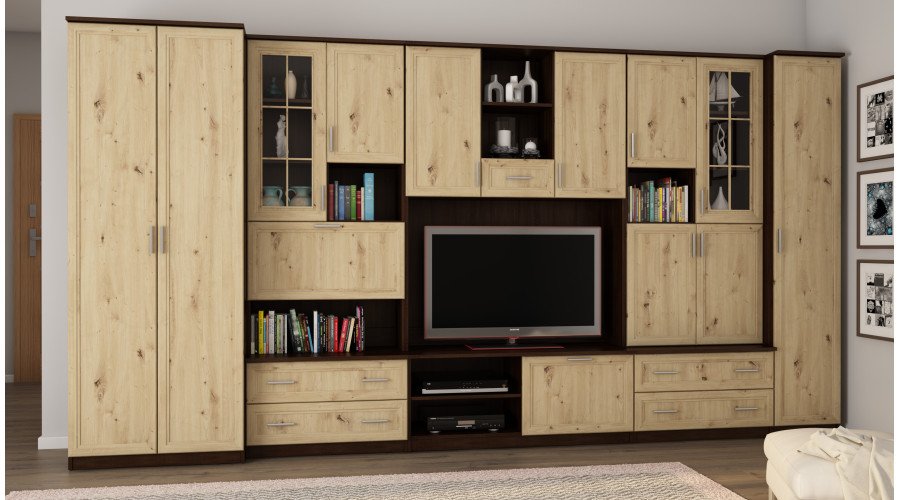Wall cabinet with bar and wardrobe, TV 400 × 210 cm, Sonoma Ciemna / Dąb Artisan – CYKLON - Image 2