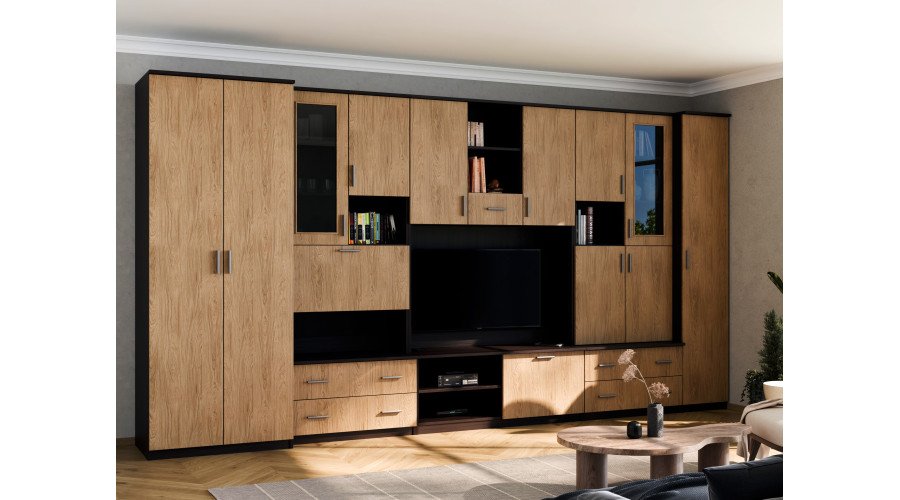 Wall cabinet with bar and wardrobe, TV 400 × 210 cm, Sonoma Ciemna / Casella stain – CYKLON - Image 2