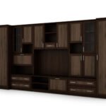 Wall cabinet with bar and wardrobe, TV 400 × 210 cm, Sonoma Ciemna / Orzech Okapi – CYKLON