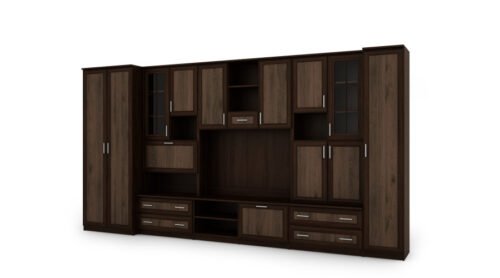 Wall cabinet with bar and wardrobe, TV 400 × 210 cm, Sonoma Ciemna / Orzech Okapi – CYKLON
