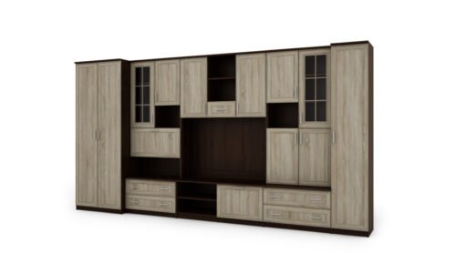 Wall cabinet with bar and wardrobe, TV 400 × 210 cm Sonoma Ciemna / Sonoma Jasna – CYKLON