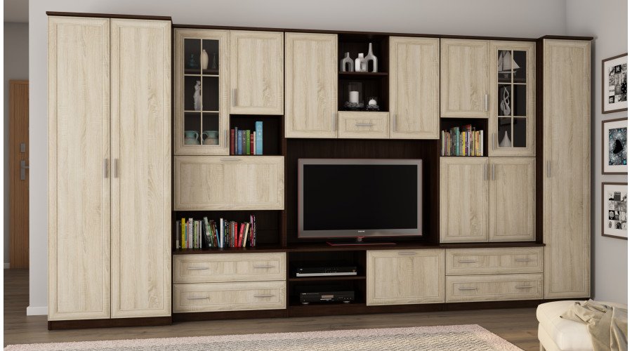 Wall cabinet with bar and wardrobe, TV 400 × 210 cm Sonoma Ciemna / Sonoma Jasna – CYKLON - Image 2