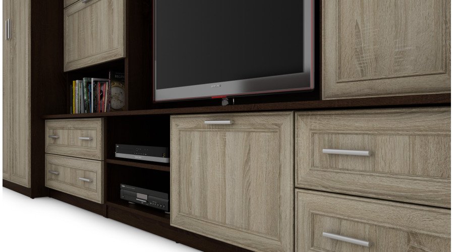 Wall cabinet with bar and wardrobe, TV 400 × 210 cm Sonoma Ciemna / Sonoma Jasna – CYKLON - Image 5