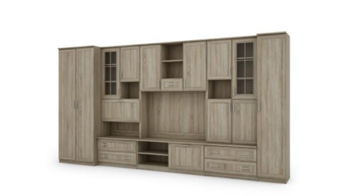 Wall cabinet with bar and wardrobe, TV 400 × 210 cm, Sonoma Jasna / Dąb Lefkas – CYKLON
