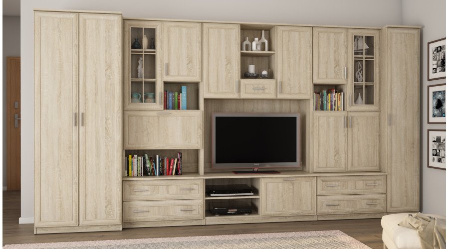 Wall cabinet with bar and wardrobe, TV 400 × 210 cm, Sonoma Jasna / Dąb Lefkas – CYKLON - Image 2