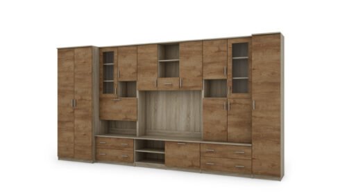 Wall cabinet with bar and wardrobe, TV 400 × 210 cm, Sonoma Jasna / Dąb Lefkas – CYKLON