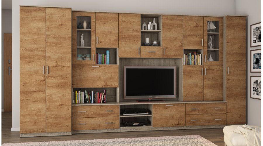 Wall cabinet with bar and wardrobe, TV 400 × 210 cm, Sonoma Jasna / Dąb Lefkas – CYKLON - Image 2