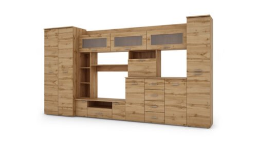 Wall cabinet with chest of drawers, rods and wardrobe 360 ​​× 200 cm, Wotan wood – KENA
