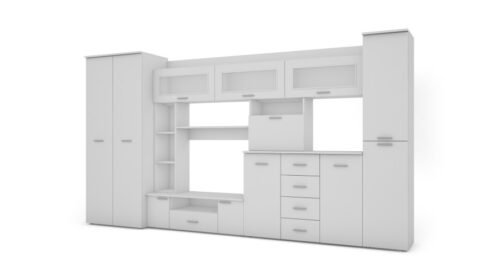 Wall cabinet with chest of drawers, rods and wardrobe, 360 × 200 cm, Biel – KENA