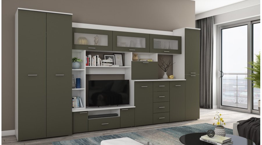 Wall cabinet with chest of drawers, rods and wardrobe 360 × 200 cm Biel / Szary Grafit – KENA - Image 2