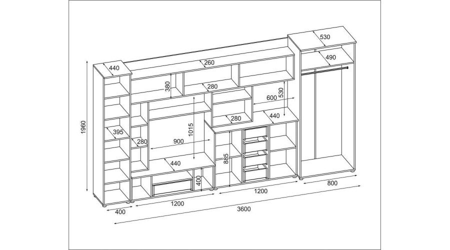 Wall cabinet with chest of drawers, rods and wardrobe 360 × 200 cm Biel / Szary Grafit – KENA - Image 5
