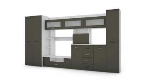 Wall cabinet with chest of drawers, rods and wardrobe 360 ​​× 200 cm Biel / Szary Grafit – KENA