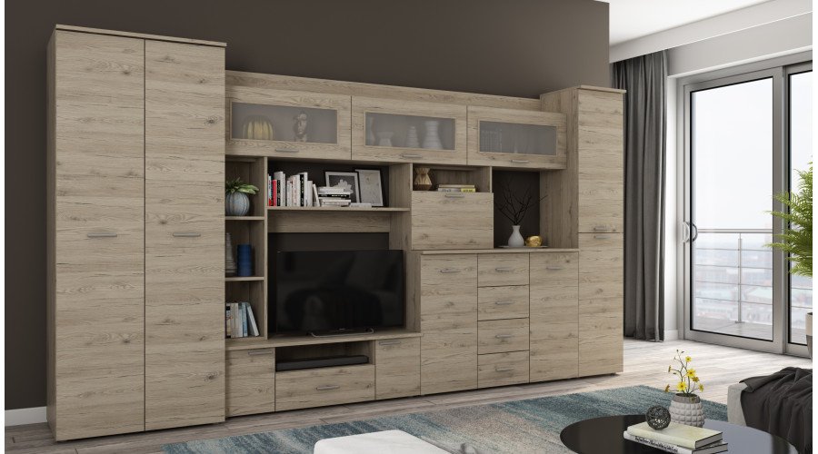 Wall cabinet with chest of drawers, rods and wardrobe 360 × 200 cm, Bordeaux color – KENA - Image 2