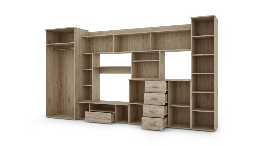 Wall cabinet with chest of drawers, rods and wardrobe 360 × 200 cm, Bordeaux color – KENA - Image 3