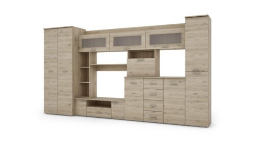 Wall cabinet with chest of drawers, rods and wardrobe 360 ​​× 200 cm, Bordeaux color – KENA