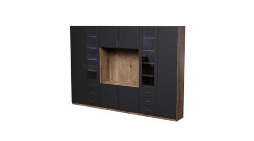 Wall cabinet with TV space, cabinets and display cabinets 320 × 220 cm Lefkas oak / black onyx – LIVIO