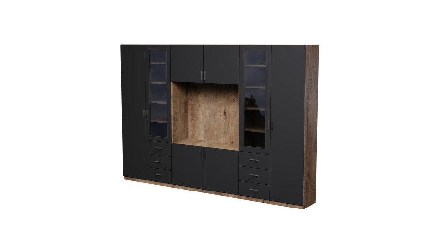 Wall cabinet with TV space, cabinets and display cabinets 320 × 220 cm Lefkas oak / black onyx – LIVIO