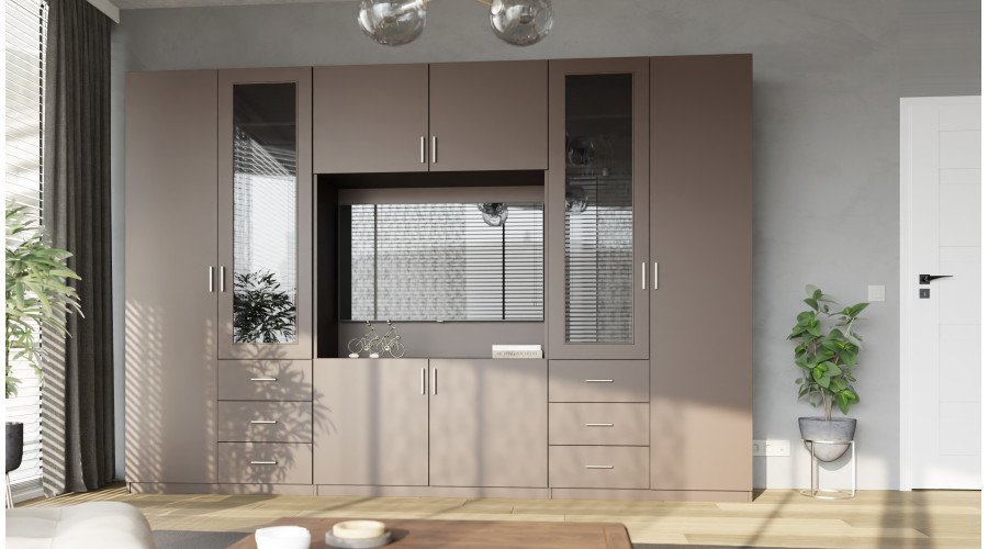 Wall cabinet with TV space, cabinets and display cabinets 320 × 220 cm sepia – LIVIO - Image 2