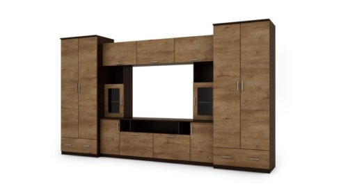 Wall cabinet with extensions, large cabinets and space for TV 370 × 210 cm Sonoma Ciemna / Dąb Lefkas – TAIGA