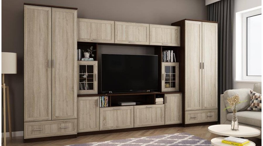 Wall cabinet with extensions, large cabinets and space for TV 370 × 210 cm TSonoma Ciemna / Sonoma Jasna – TAIGA - Image 2