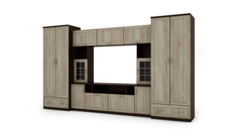 Wall cabinet with extensions, large cabinets and space for TV 370 × 210 cm TSonoma Ciemna / Sonoma Jasna – TAIGA