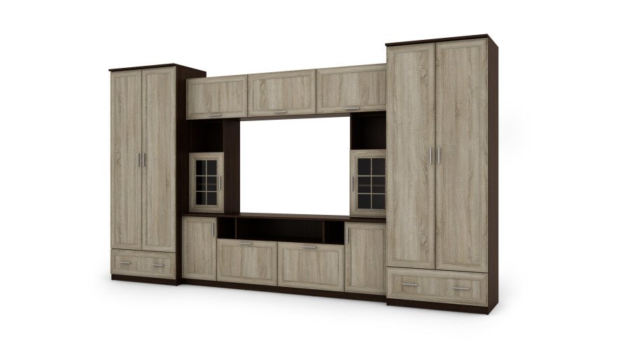 Wall cabinet with extensions, large cabinets and space for TV 370 × 210 cm TSonoma Ciemna / Sonoma Jasna – TAIGA
