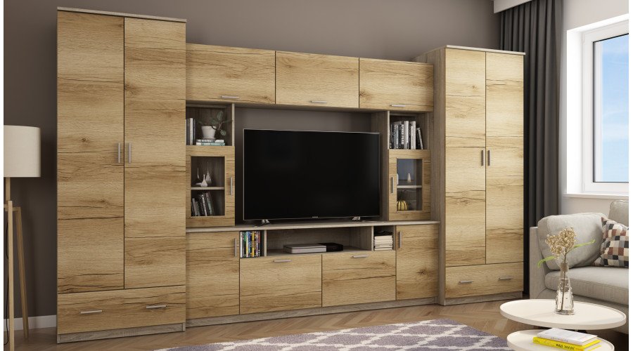 Wall cabinet with extensions, large cabinets and space for TV 370 × 210 cm Sonoma Jasna / Grand Natural Oak – TAIGA - Image 2