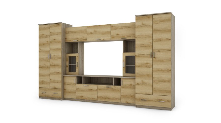 Wall cabinet with extensions, large cabinets and space for TV 370 × 210 cm Sonoma Jasna / Grand Natural Oak – TAIGA